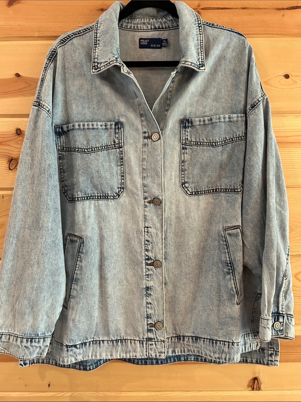 Light Wash Oversized Denim Work Jacket with Patch Pockets - Women's XL